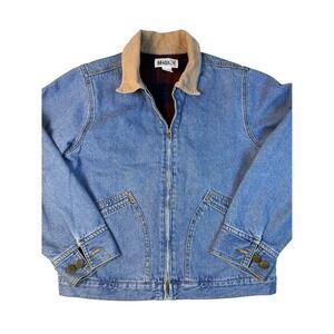 HAIKS Classic Trucker Denim Jacket Plaid Lined Corduroy Collar Blue Crop Vtg M